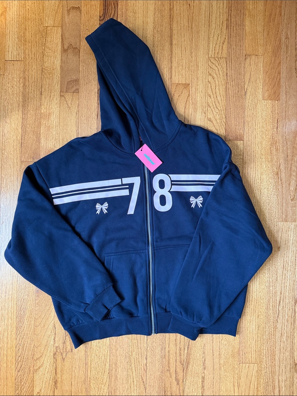 Edikted Navy Zip Hoodie with 78 Graphic
